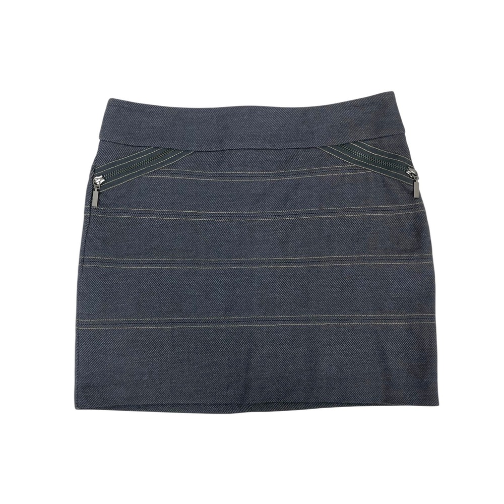 Vintage BCBG Y2K Bandage Denim Mini Skirt Size 2 Dark Wash Zipper Pockets 90s